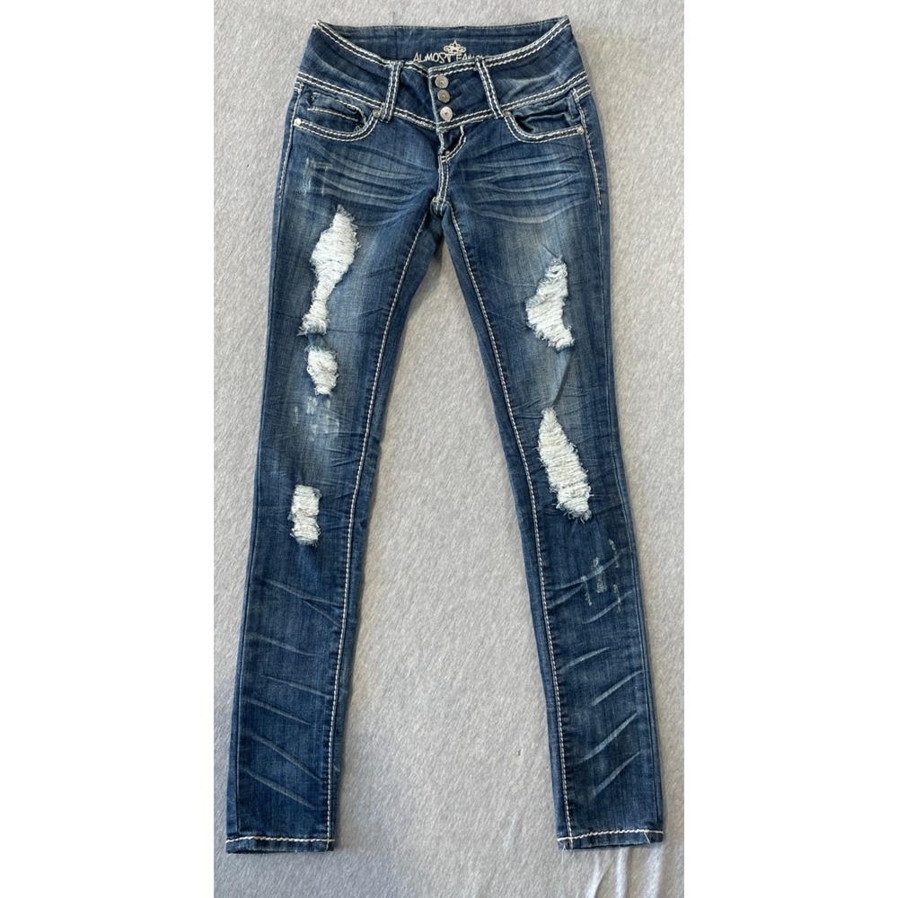 Almost Famous Jeans Womens 0 Blue Denim Cotton Rhinestone Distressed Skinny Leg